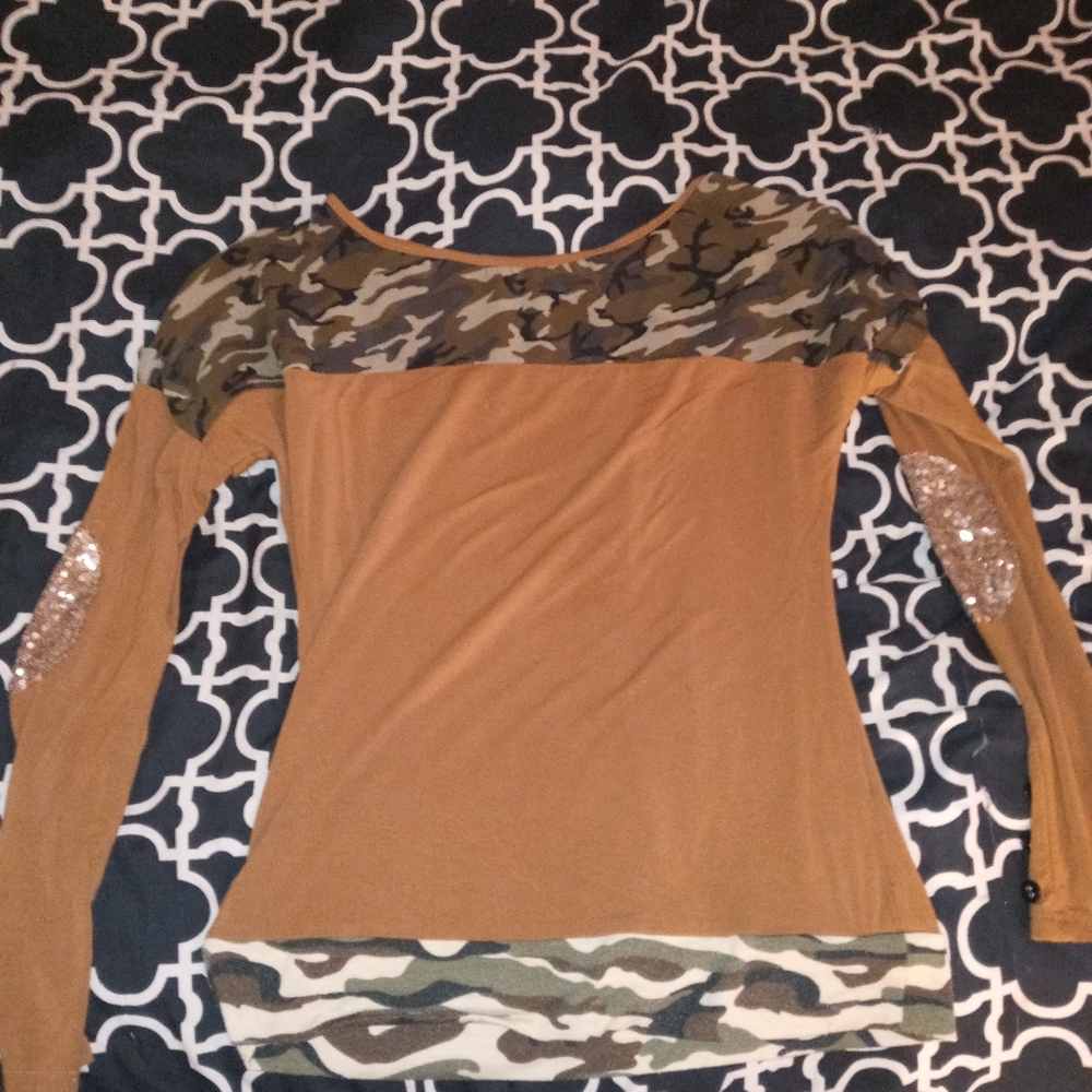 Camo and tan open back shirt with sequins